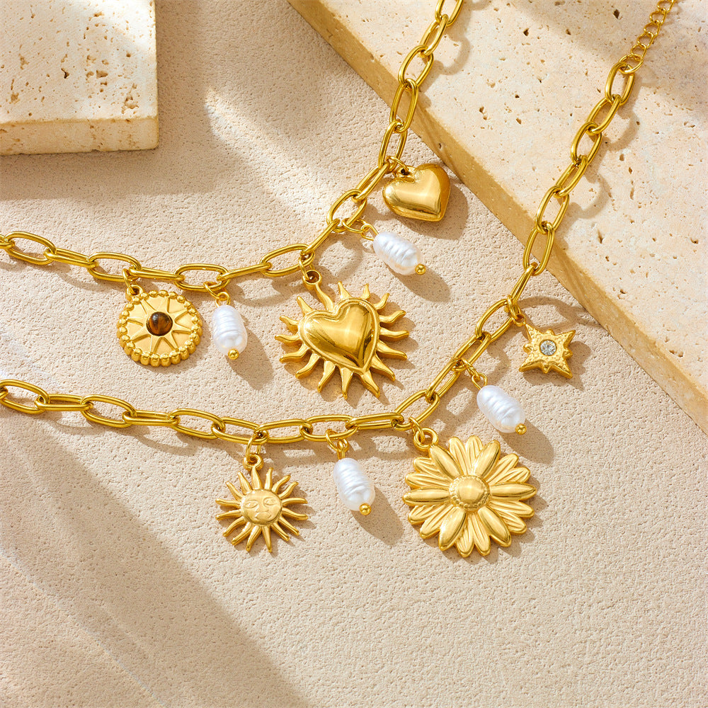 Gold-Plated Vintage Pearl Love Sunflower Pendant Chain Stainless Steel Hand Jewelry Bracelet