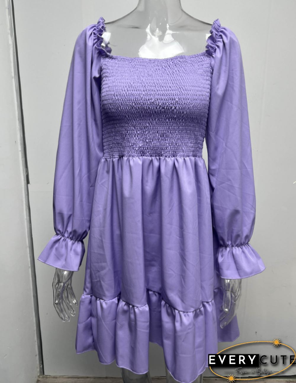 Light Purple Square Neck Short Sleeve Ruffle Mini Dresses