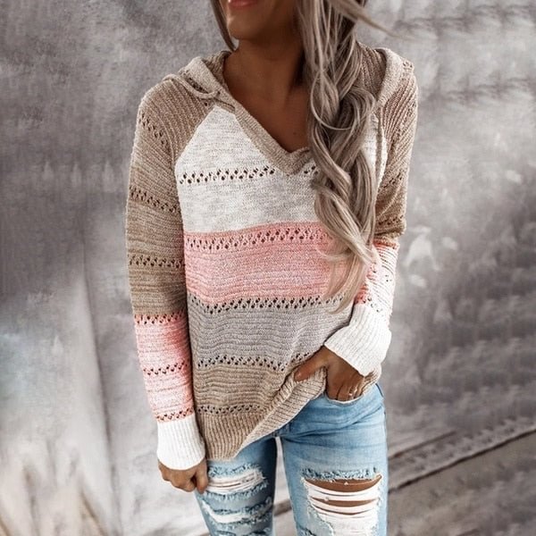 Women V Neck Hooded Sweater 2020 Autumn Patchwork Knitted Sweater Elegant Striped Long Sleeve Pullovers Casual Loose Jumper Tops