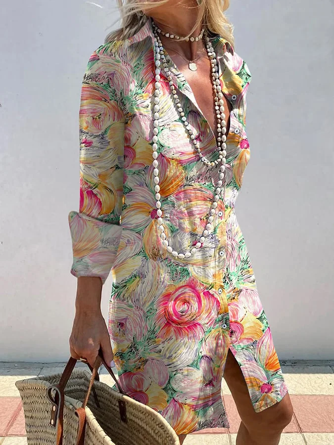 Women's Elegant Floral Print Shirt Dress