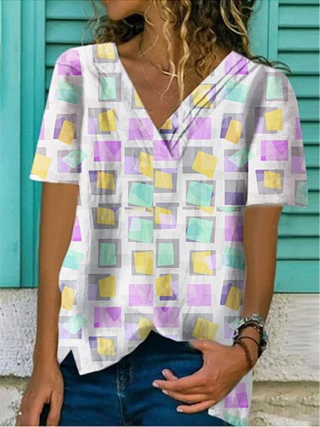 Cotton-Blend Printed Casual Short Sleeve Shirts & Tops