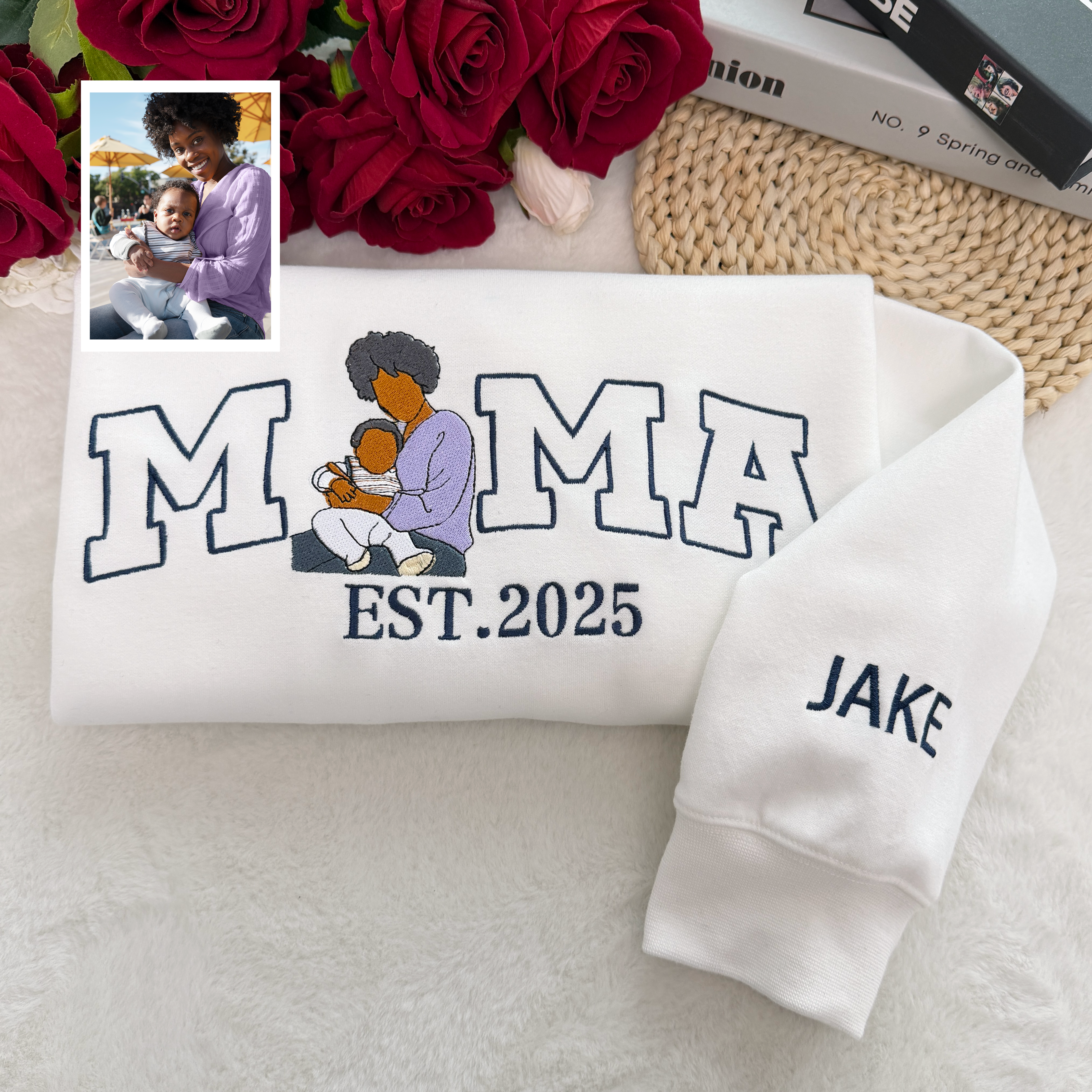 Mama,Mum T-shirt with Photo, Custom Embroidered Sweatshirt Mama and Kids Portrait.