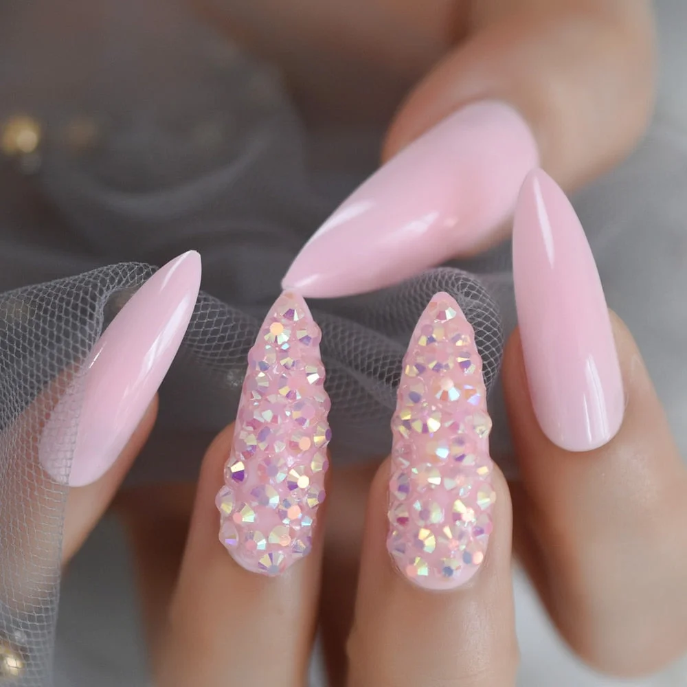 Luxury Fake Nails Designer Extra Long Ombre French Jewelry Pre-designed Nails Natural Stiletto AB Stones Decoration Tips-Nail Inspo