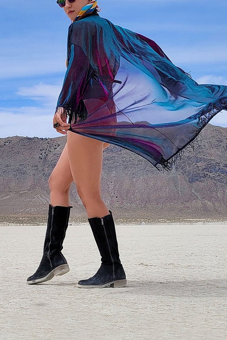 Iridescent Mesh Fringe Festival Purple Cloak Kimono 