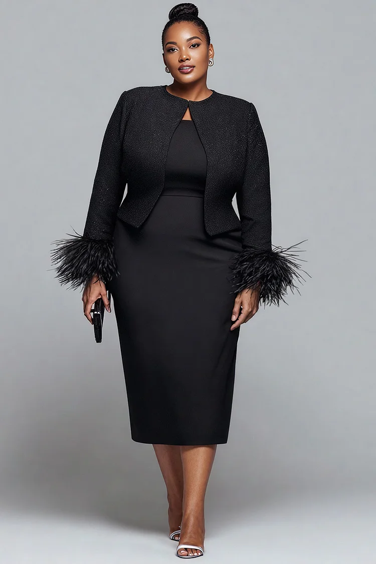 Xpluswear Design Plus Size Cocktail Party Black Round Neck Long Sleeve Feather Elegant Two Piece Dress Set 2024 - Xpluswear