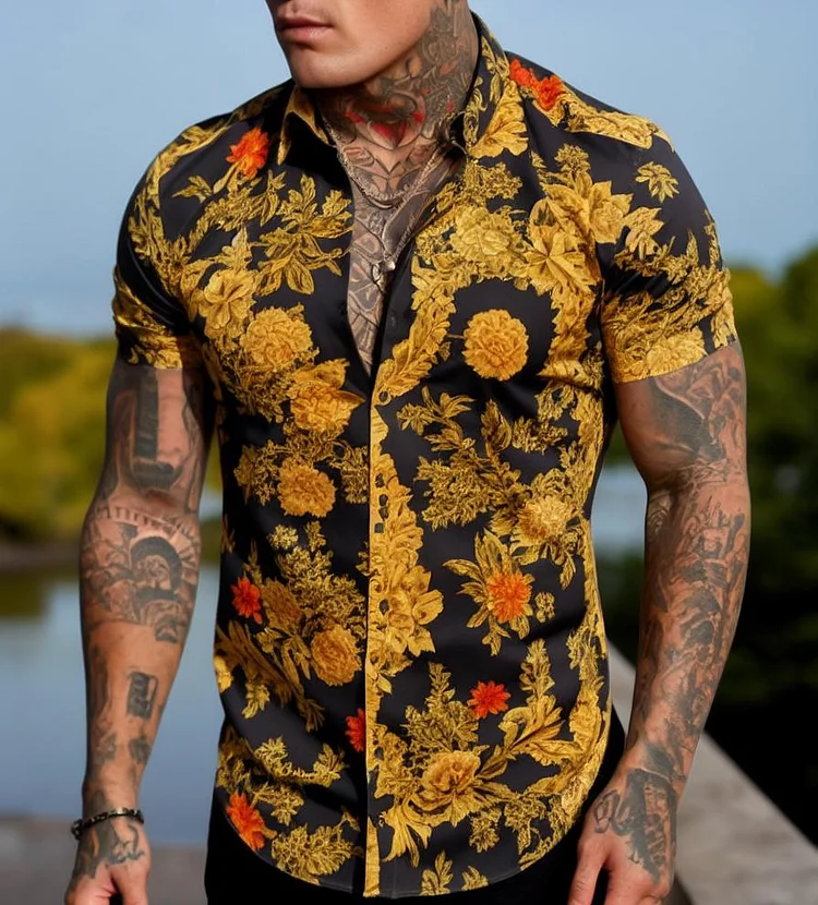 Men's Casual Floral Printed Short Sleeve Shirt at Hiphopee