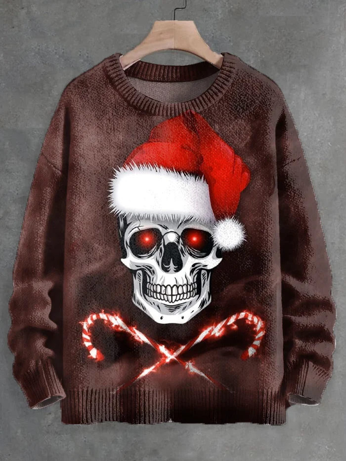 Men's Christmas Funny Skull Graphic Print Knit Sweatshirt