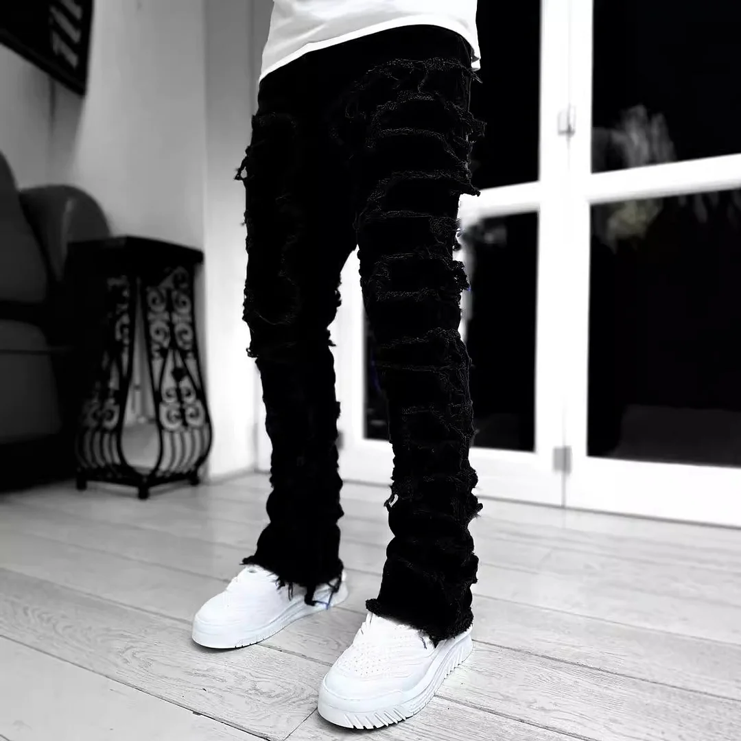 Uveng Uveng Men's New Fashion Trend Sticker Jeans Repair Multi-Color Elastic Micro-Tight Straight Trousers