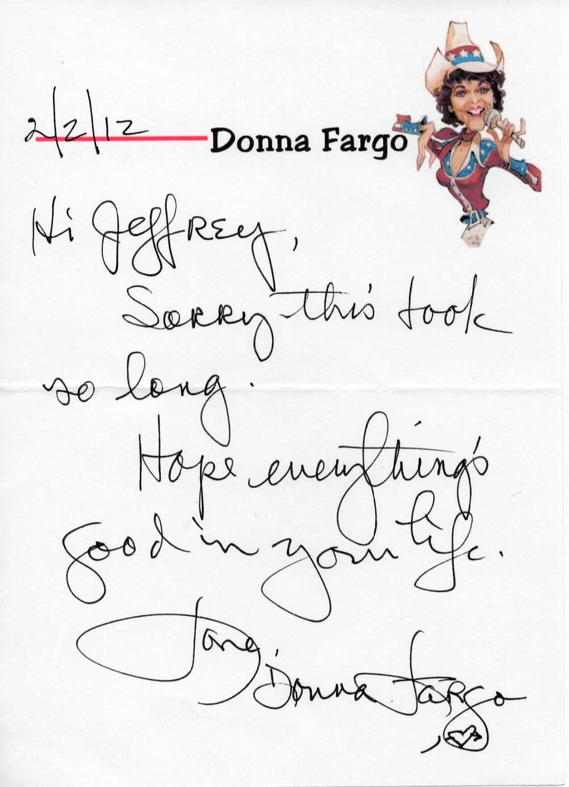 Donna Fargo Country Singer Original Autographed 4 x 6 in. Paper