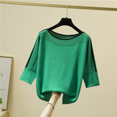 Summer Fashion Women Tops Knitted Solid Tshirt Ice Silk Pullover Short Sleeve Loose Thin Tops Women's Clothing New Clothes 14425