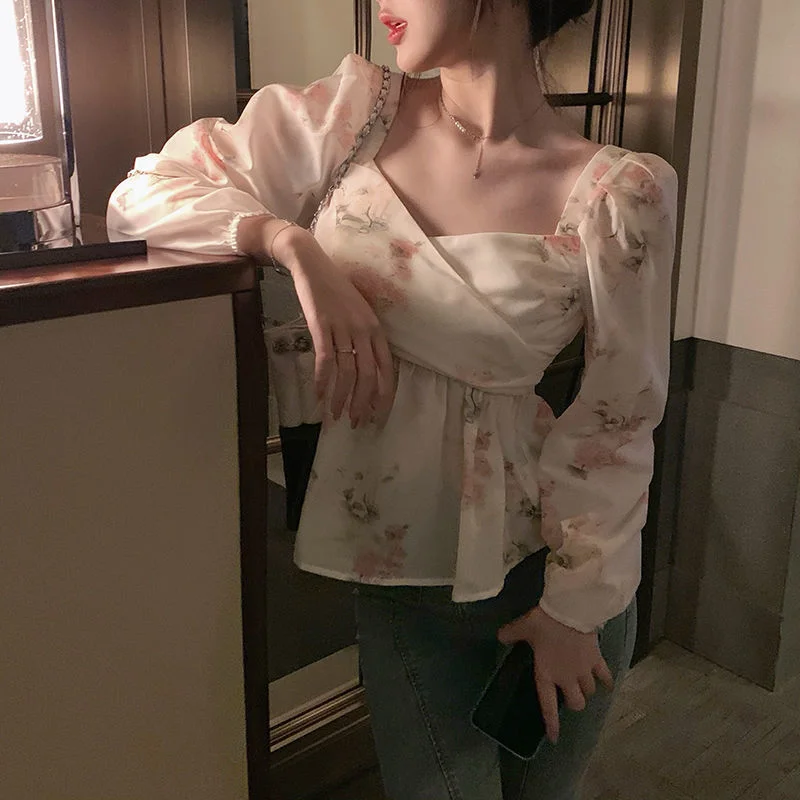 2023 New Chiffon Bowknot Drawstring Women Blouses Floral Print V-Neck Three Quarter Sleeve Blusa Fashion Ruff. Ladies Tops