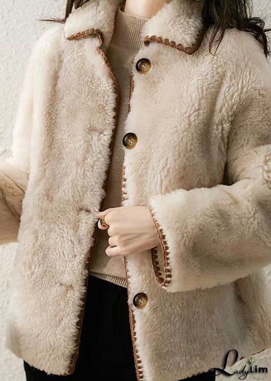 Fitted Beige Peter Pan Collar Pockets Patchwork Wool Coat Winter