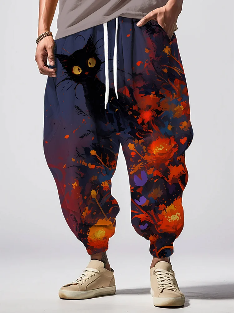 Men's Black Cat and Floral Art Print Loose Drawstring Waist Sweatpants