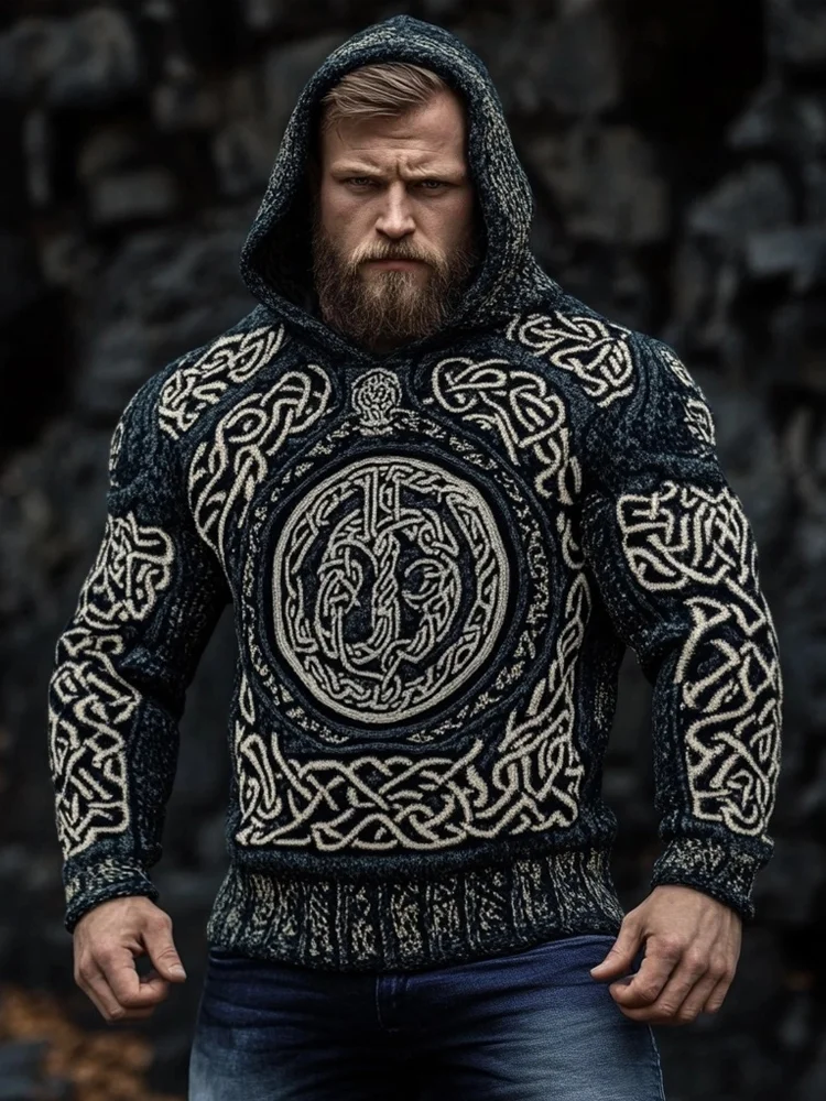 Men's Viking Wolf Celtic Jacquard Cozy Hooded Sweater