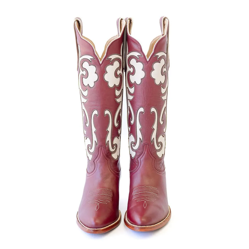 Burgundy Chunky Heel Decorative Inlay Cowboy Boots for Women