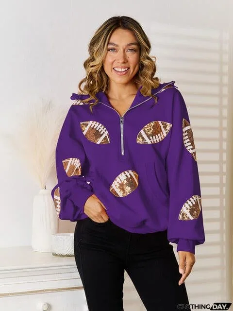 Sequin Football Patch Hal-Zip Hoodie