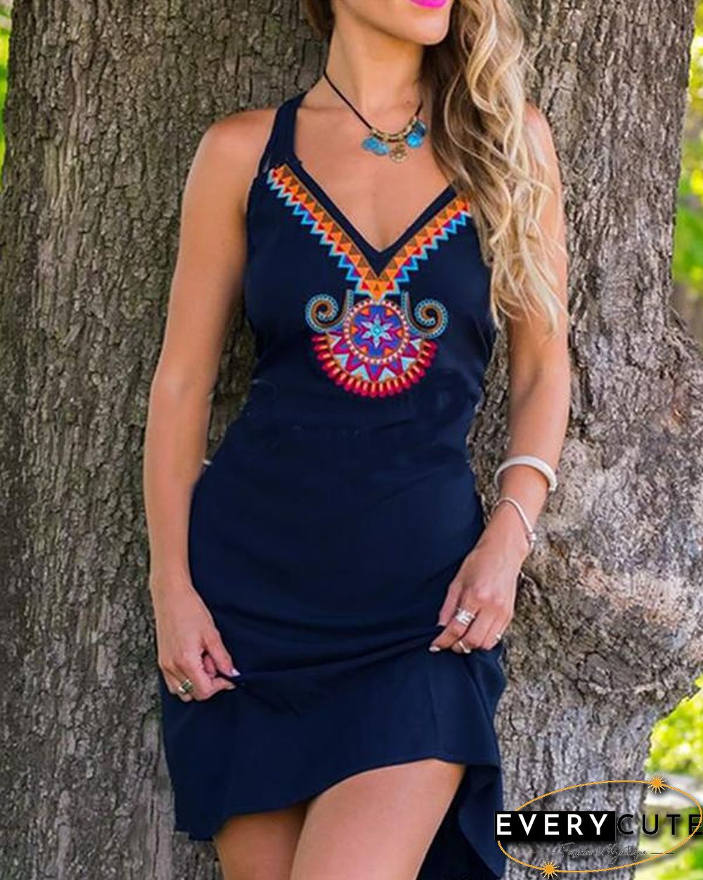 Spaghetti-Strap Printed Casual Cotton-Blend Dresses