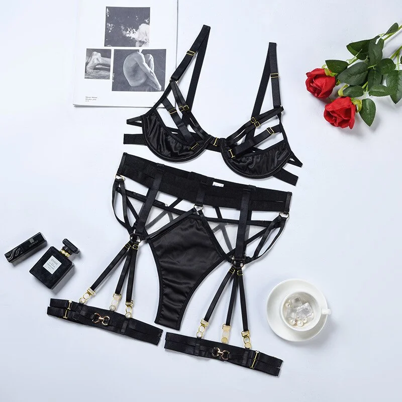 Billionm Lingerie Sexy Fancy Underwear Hollow Out Kissy Bra 3-Pieces Garter Belt With Stockings Fetish Fantasy Intimate Set