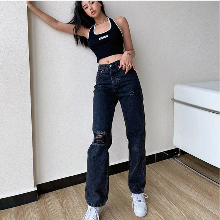 Women  Jeans Casual Wide-Leg Washed Ripped Mid-Waist Jeans for Women