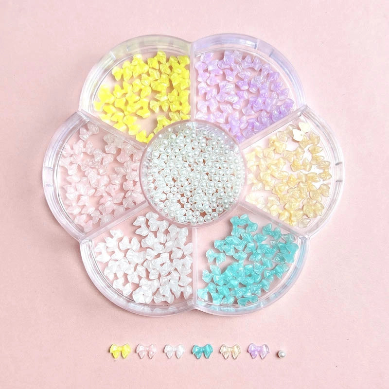 7-Grid Mixed Bow Pearl Nail Beauty Ornament Girl’s Style Mini Small Bow Tie Nail Material Package Box