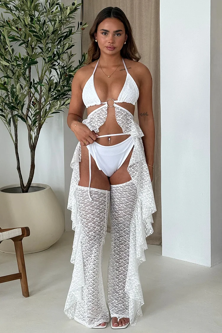 Lace Patchwork Ruffled Top Pantie Cutout Pants 3pcs Set-White [Pre Order]