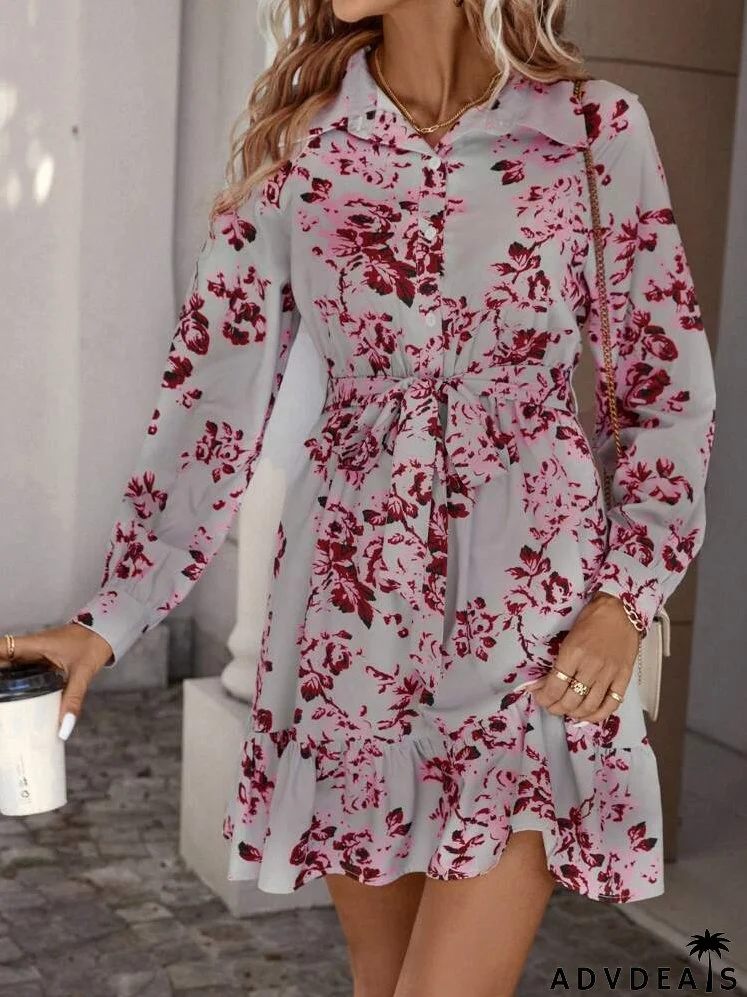 Floral Print Ruffle Hem Belted Shirt Dress