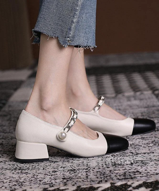 Beige Faux Leather Patchwork Casual Buckle Strap Chunky High Heels