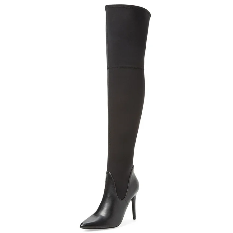 Black Thigh High Heel Boots Pointy Toe Stiletto Heel Long Boots |FSJ Shoes