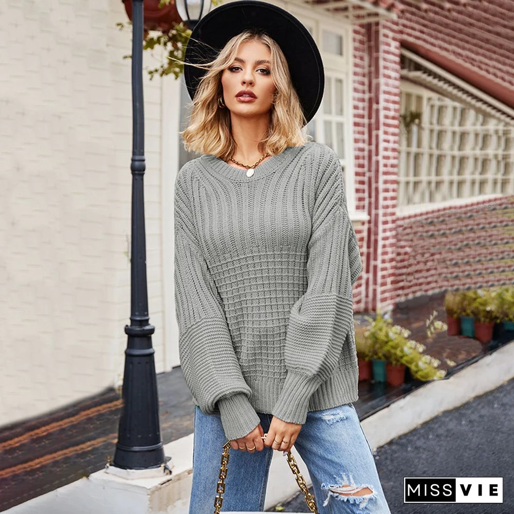 Casual Knitted Long Sleeve V neck Solid Blouse