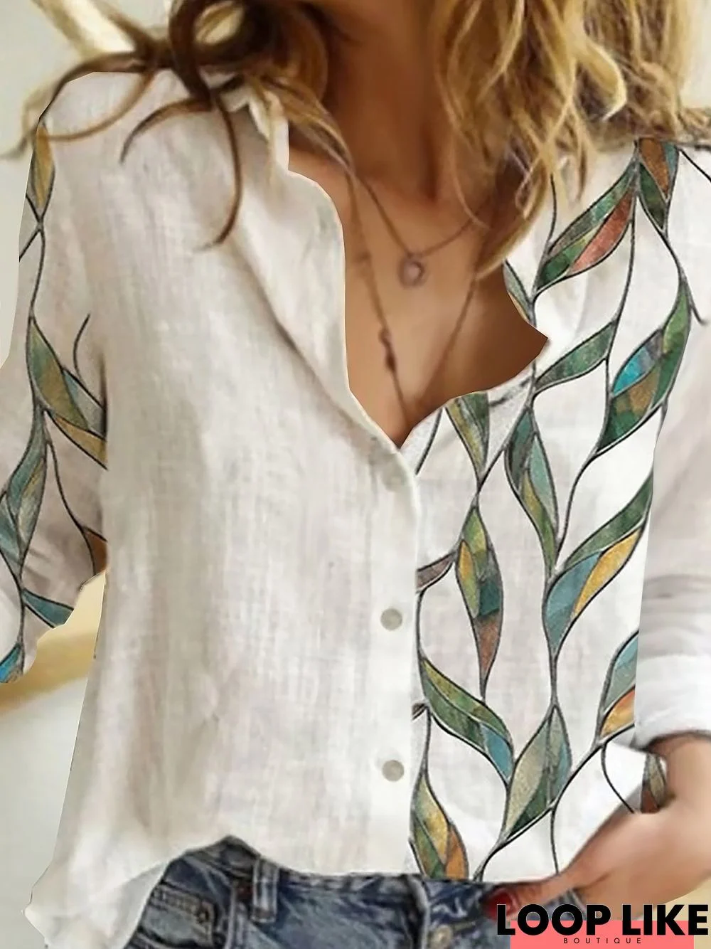 Leaves Printed Casual Loosen Buttoned Shirt Collar Blouse