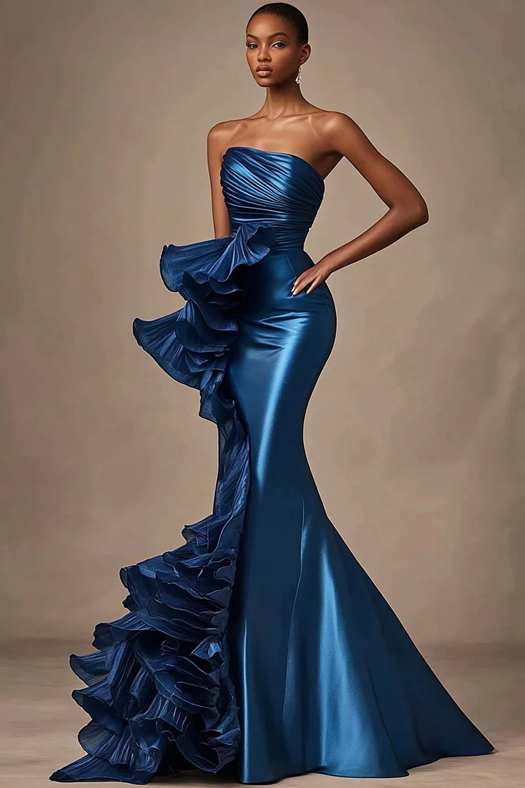 Formal Strapless Layered Fishtail Maxi Dress-Royal Blue [Custom-Made]