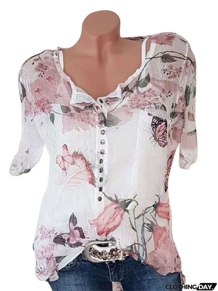 V Neck Loose Fitting Short Sleeve Blouses