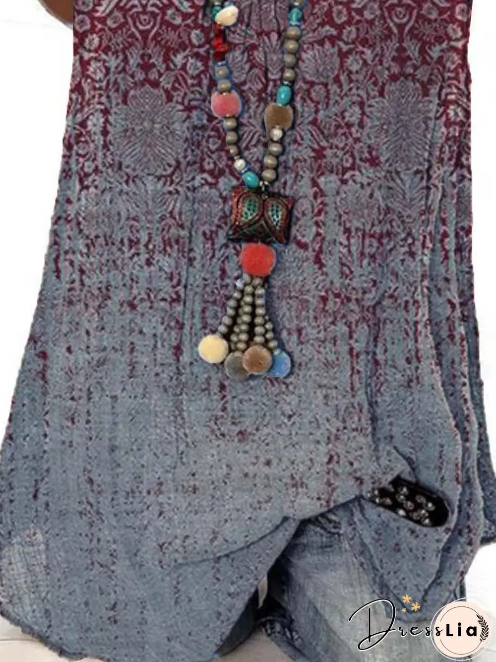 Paisley Sleeveless Printed Polyester Crew Neck Vintage Summer Red Top