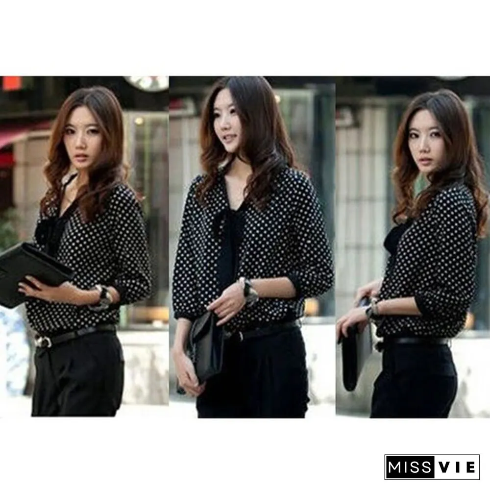 Spring And Summer Fashion Women Sweety Long Sleeve Chiffon Bowknot Shirt Hot Sale Casual O-Neck Dot Blouse Top