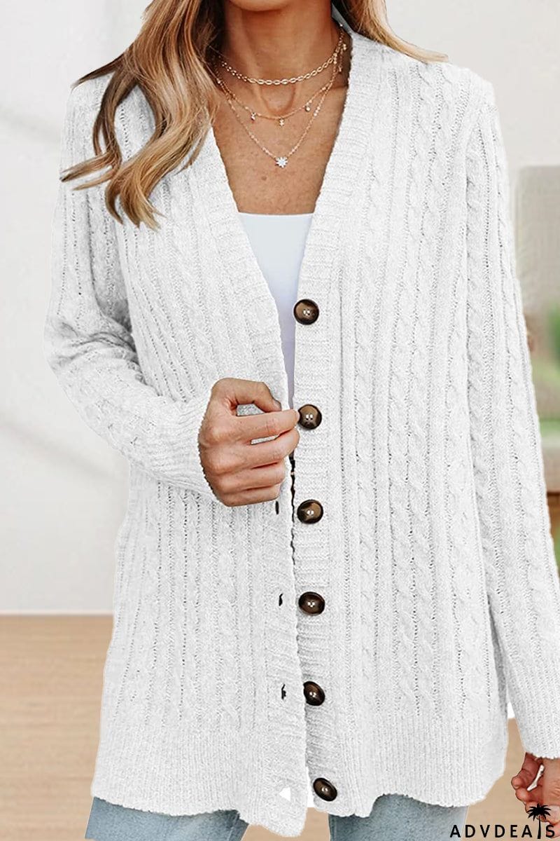 Casual Buttons Solid Color V Neck Cardigans(5 Colors)