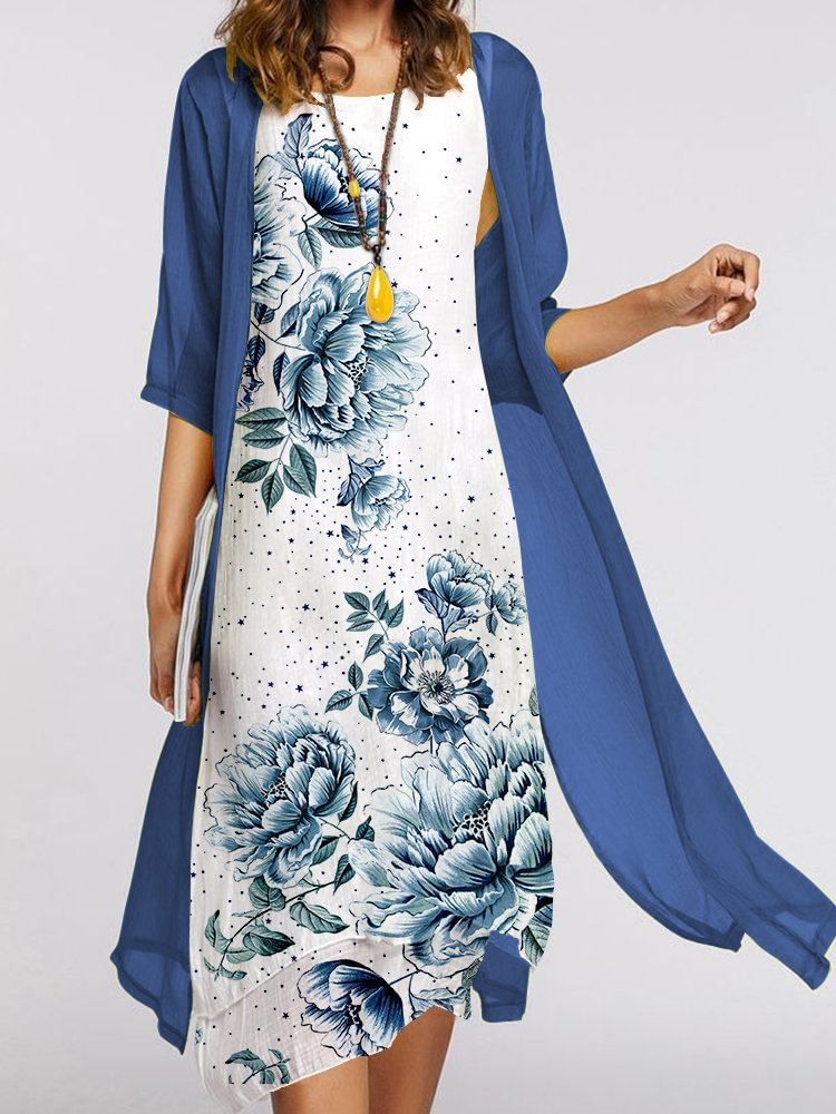 Casual Floral Print Crew Neck Two-Piece Midi Dress