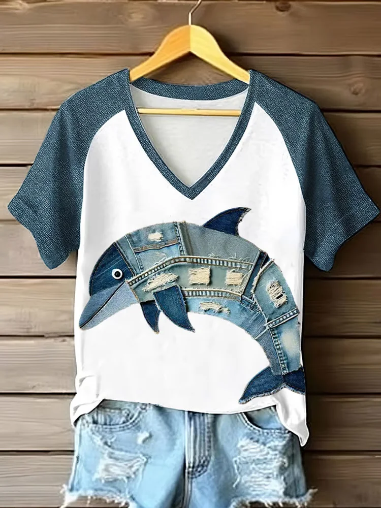 Utbros Women's Dolphin Denim Print V Neck T-shirt