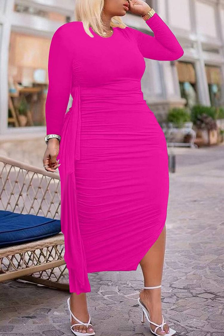 Xpluswear Plus Size Casual Black Round Neck Long Sleeve Ruched Midi Dress