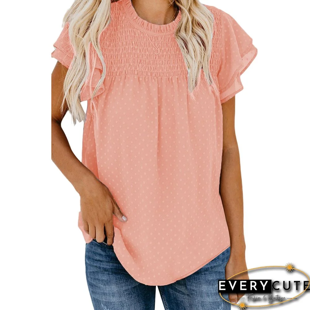 Pink Jacquard Layered Ruffle Short Sleeve Tops