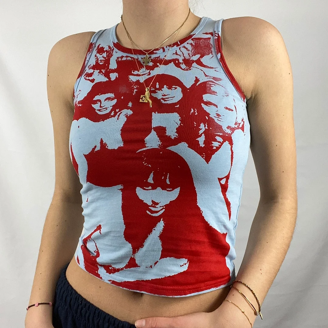 E-girl Vintage Y2K Aesthetic Tank Top Hip Hop Face Graphic Print Sleevless Slim Fit Women Gothic Crop Vest Sweats Tee Streetwear
