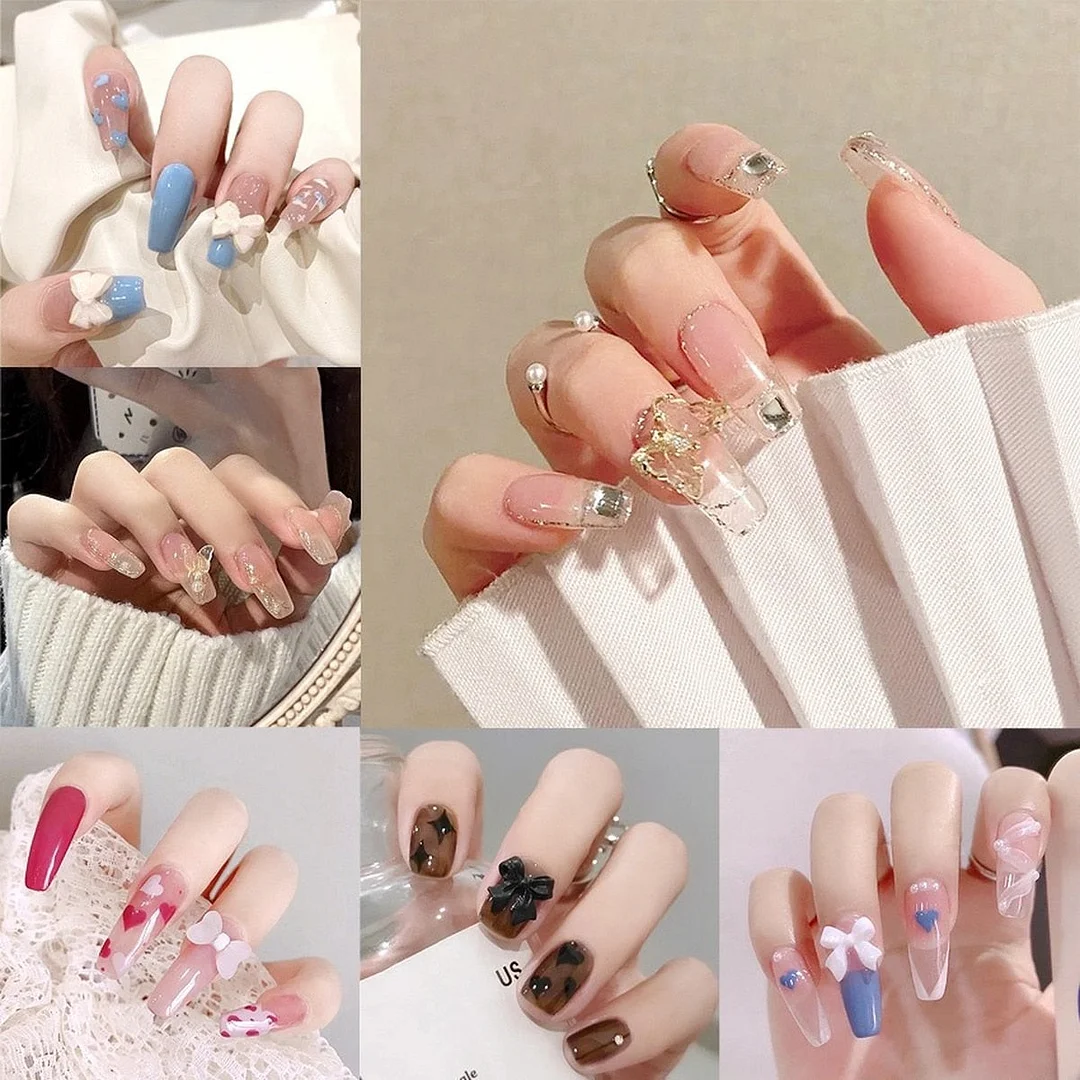 Aurora Transparent Fake Nails Tips for Finger Wear Crystal Ice Clear Butterfly Press on Nails Long Bow Ballet Diamond False Nail-Nail Inspo