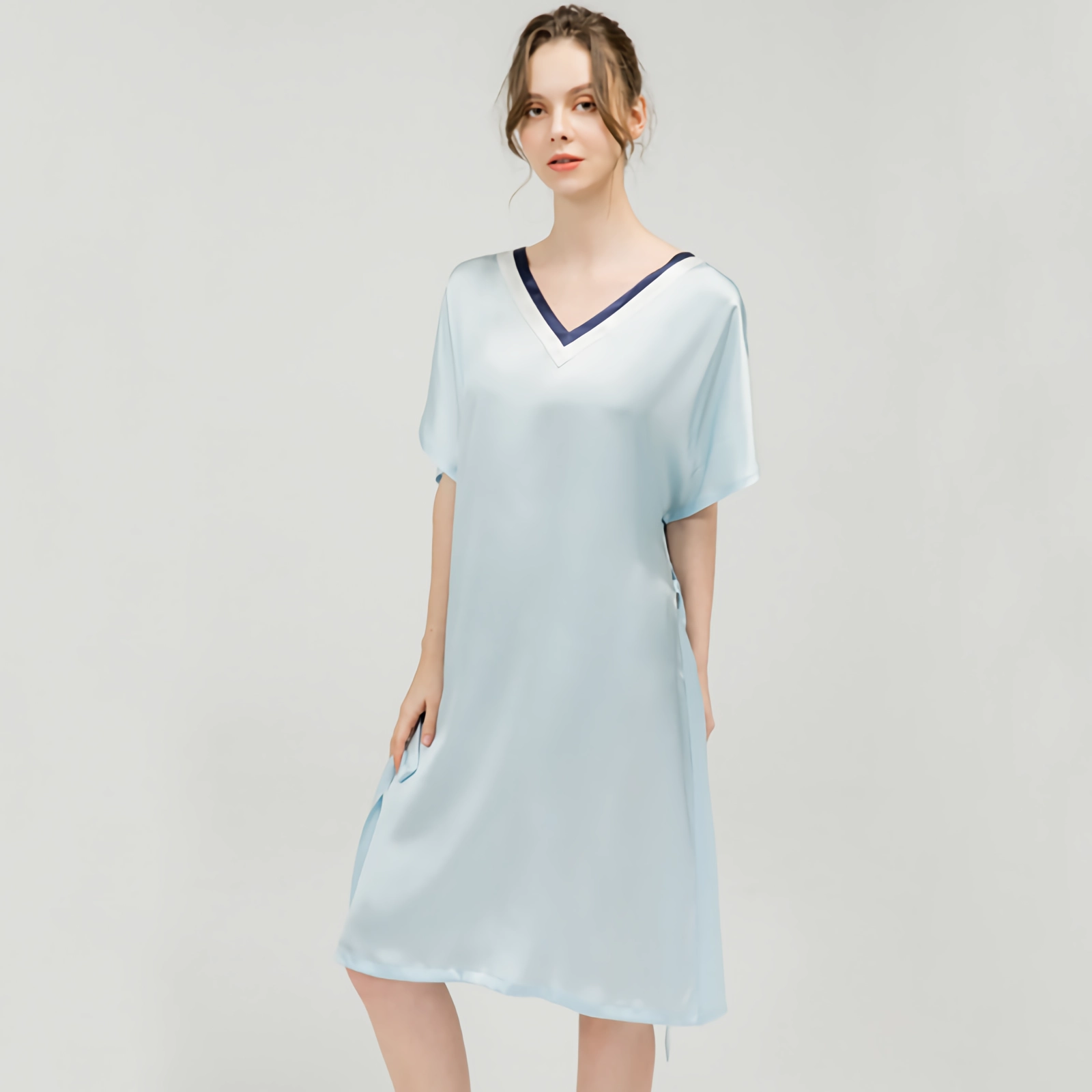 22 Momme V-neck Pure Color Silk Nightgown for Women REAL SILK LIFE