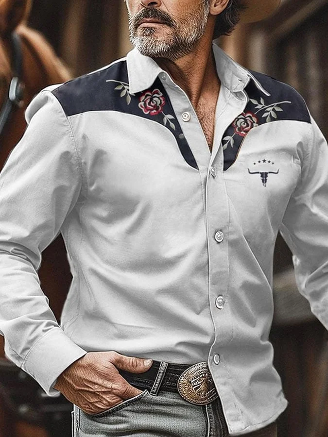 Men's Vintage Western Bucking Nomadic Floral Longhorn Print Long Sleeve Shirt
