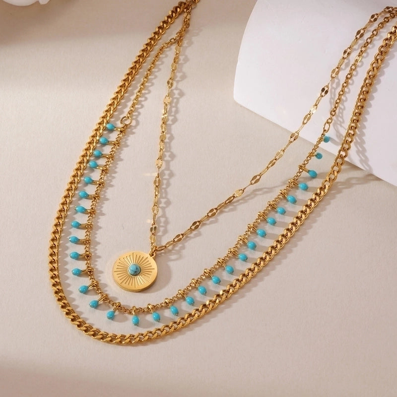 A Temperament 18K Real Gold Stainless Steel Turquoise Star Plate Pendant Multi-Layer Necklace Suitable For Women’s Daily Party Wear