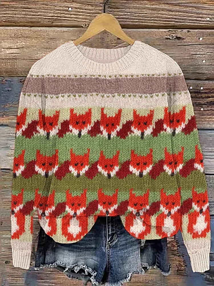 Comstylish Cute Fox Casual Cozy Knit Sweater