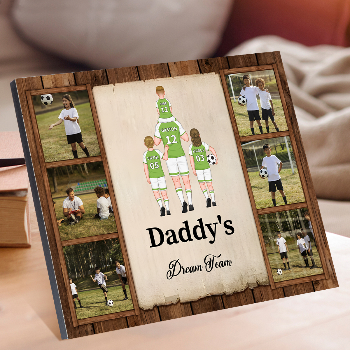 Personalised Soccer Team Wooden Plaque Custom 2 Texts & 6 Photos & 2–9 Names Football Home Decor Gifts for Dad/Grandpa-Jessemade AU