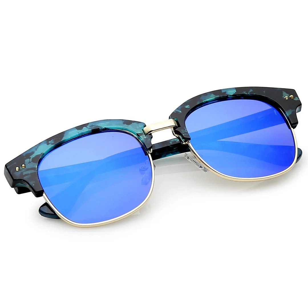 Modern Marble Print Horn Rimmed Mirrored Square Flat Lens Half Frame glasses 51mm