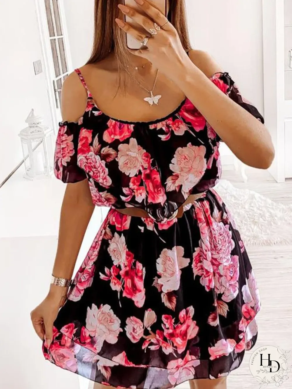 Cold-shoulder Flower Print Chiffon Mini Dress P10889
