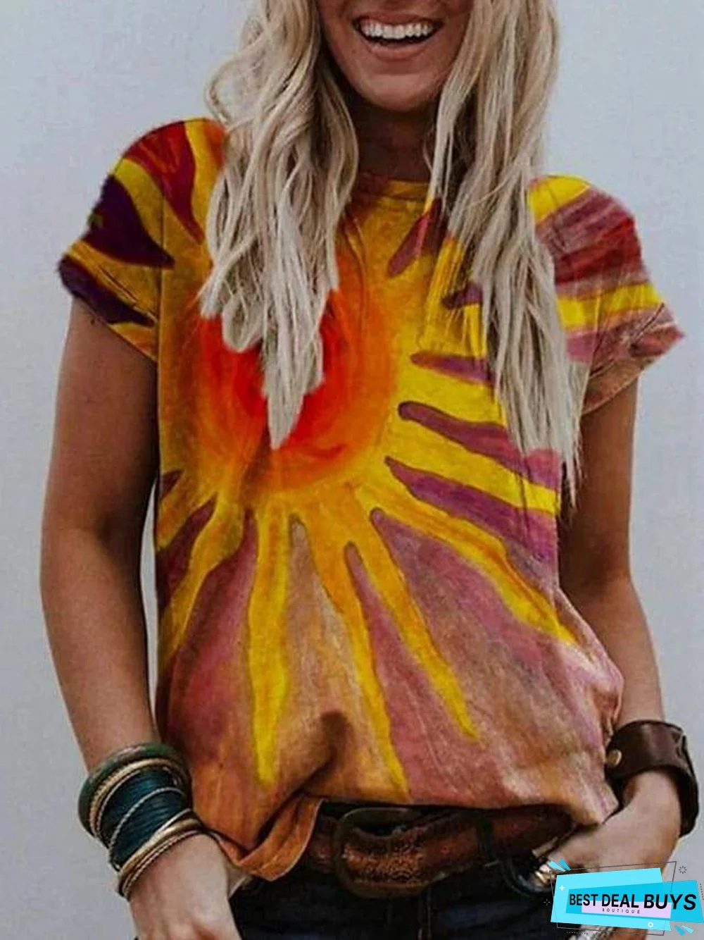 Women's T-Shirt Color Block Round Neck Tops Basic Top Yellow Orange Green