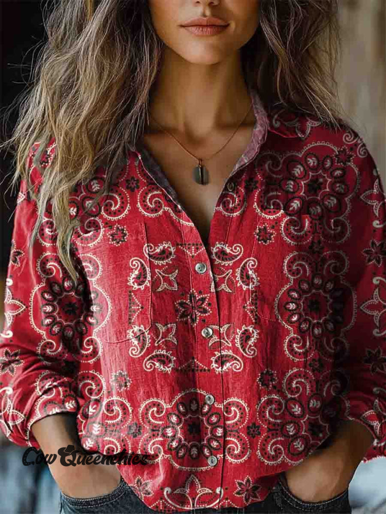 Women’s Paisley Art Print Long Sleeve Comfortable Cotton Shirt Multicolor / S